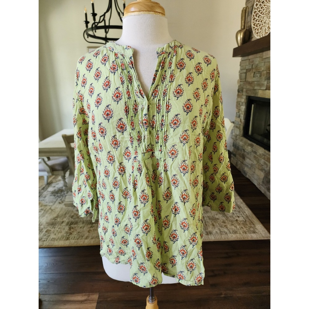 Roller Rabbit Womens Medium Green Floral Block Print Pintuck Cotton Tunic Blouse